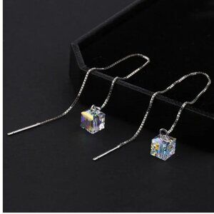 New! Stylish Long Tassel AB Square Pendant Fashion Silver Earrings